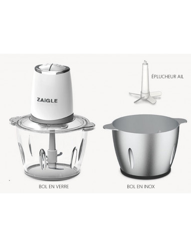 Zaigle ZCH-A11M Hachoir électrique 2 Bols en verre et inox 2,1 litres